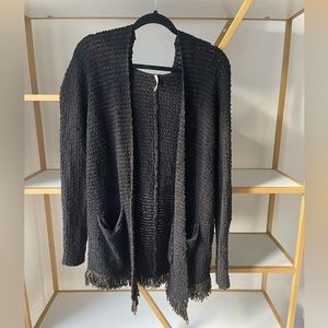 Free People Love Me Tender Cardi Size Small Hooded Knit With Fringe in Black